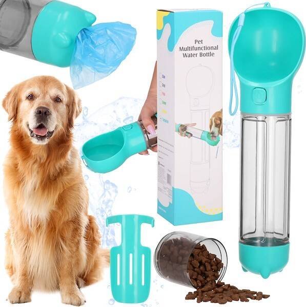 Springos Butelka 3w1 na wodę i karmę, 500ml, pojemnik na worki dla psa, kota, turkusowy UNIWERSALNY