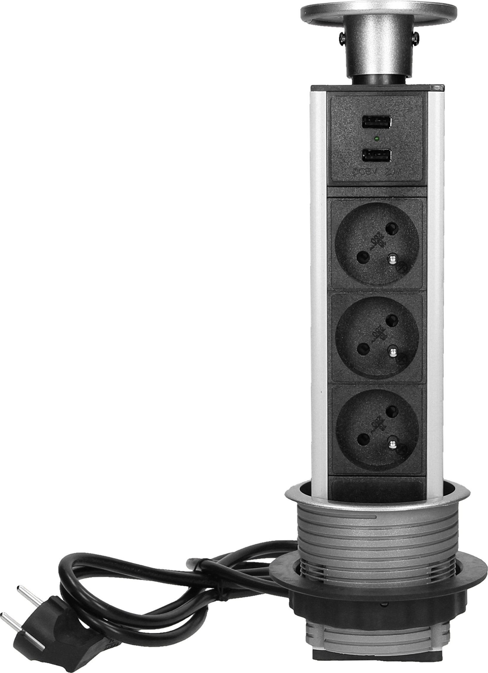 Orno Gniazdo meblowe Orno FS-17 potrójne wysuwane z blatu z ładowarką USB i przewodem 1,8m 3x2P+Z inox