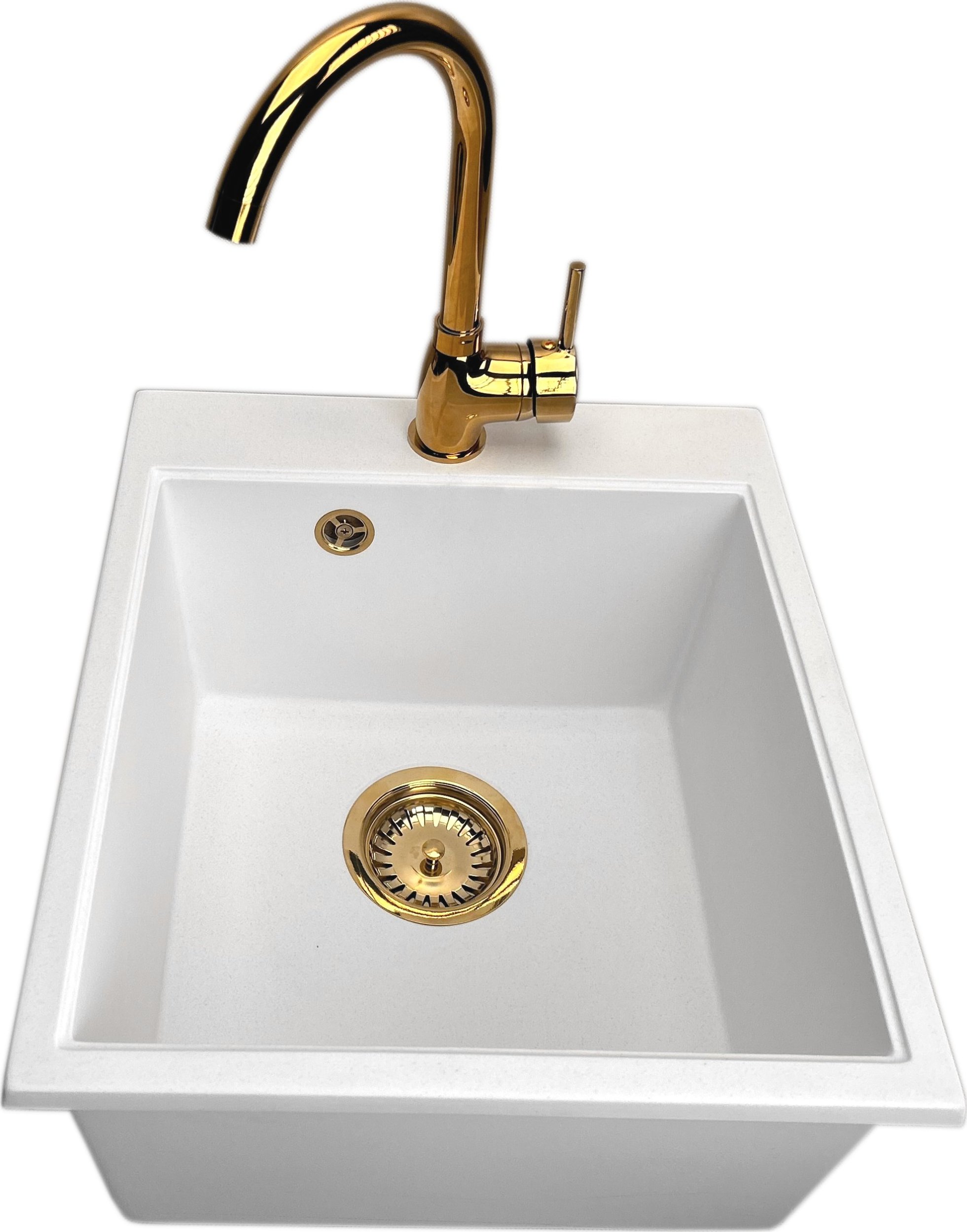 Zlewozmywak PREHNIT Zlewozmywak jednokomorowy COBALT biały + bateria BETA złota + syfon złoty