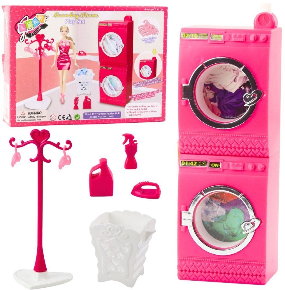 Zestaw Pralnia Dla Lalek Pralka Suszarka Wieszak Kosz Różowe