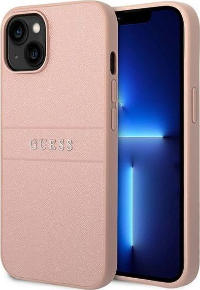 Guess Saffiano Metal Logo Stripes - Etui iPhone 14 Plus (różowy)