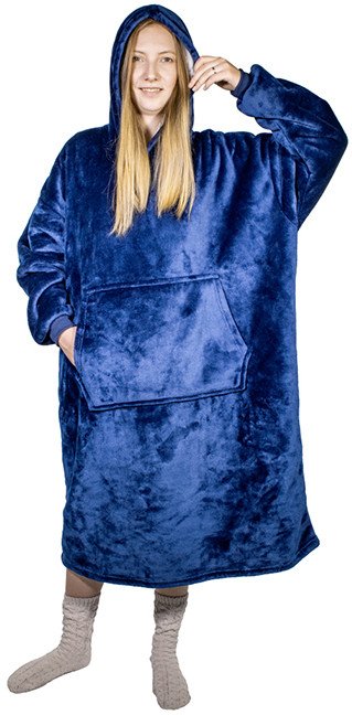 Ponczo telewizyjne z kapturem Hoodie granat - kocobluza z futerkiem, ciepłe, długi rękaw, duża kieszeń