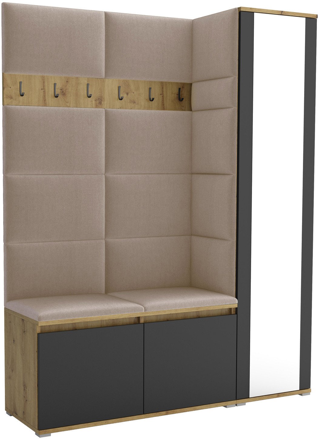 Tapicerowana garderoba Noris VII z lustrem - kolor artisan z czarnym frontem + tkanina Trinity 04