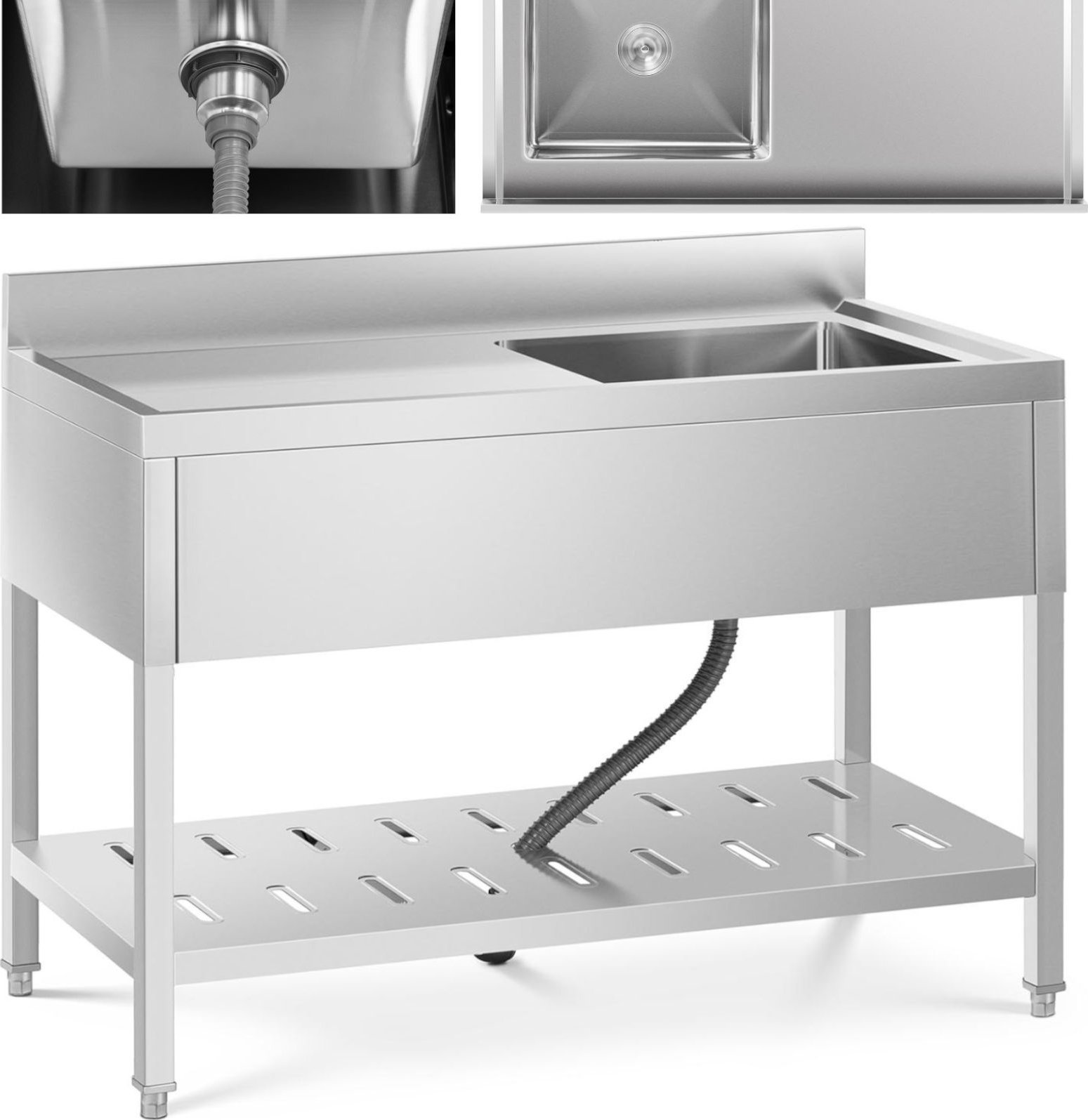 Royal Catering Zlew basen gastronomiczny jednokomorowy z półką i rantem prawy 120 x 60 x 94,5 cm Zlew basen gastronomiczny jednokomorowy z półką i ran