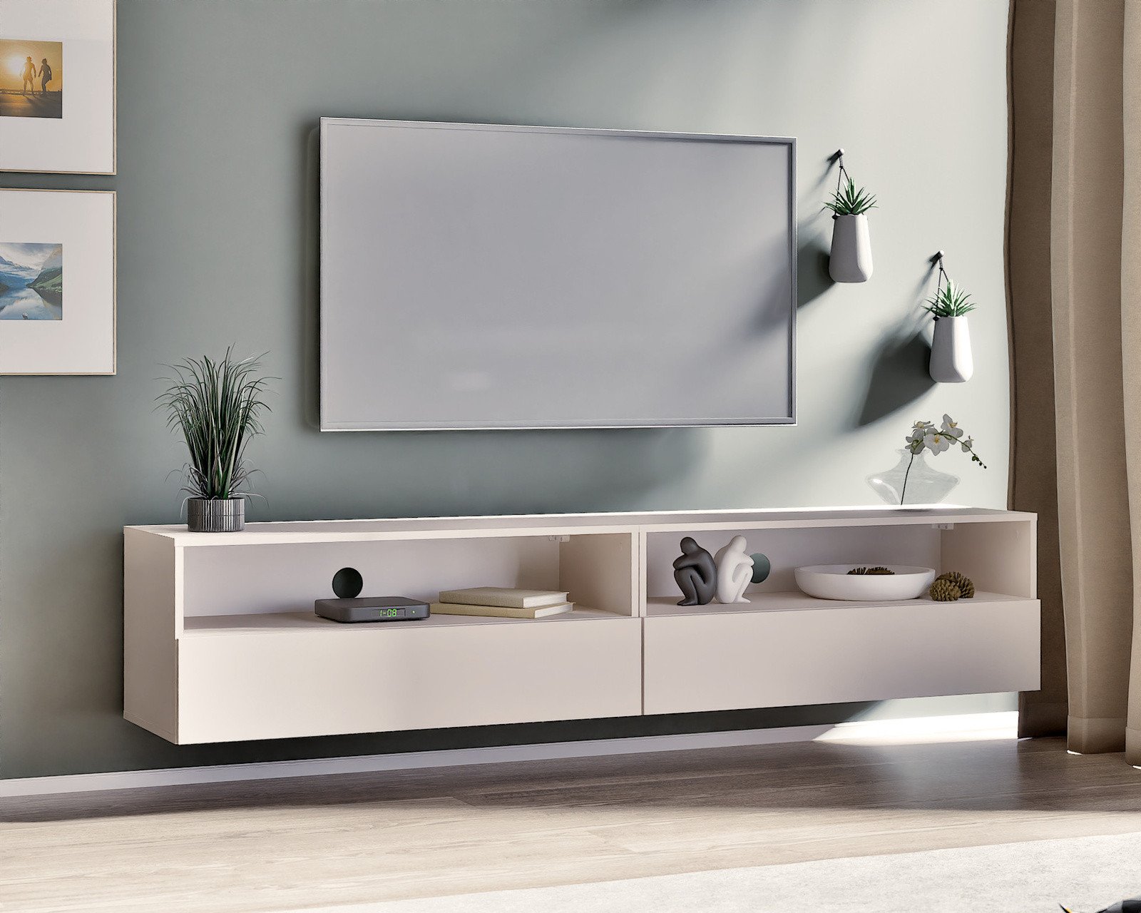 Nowoczesny zestaw RTV Tebris Dual 200 cashmere, 2 szafki 100 cm z push to open