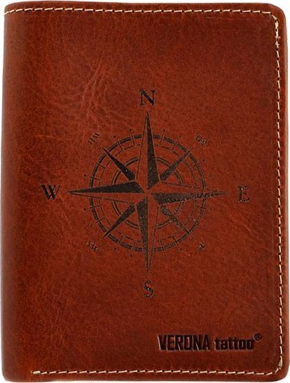 Verona VERONA Tattoo skórzany portfel męski 012M z tatuażem róża wiatrów 012M