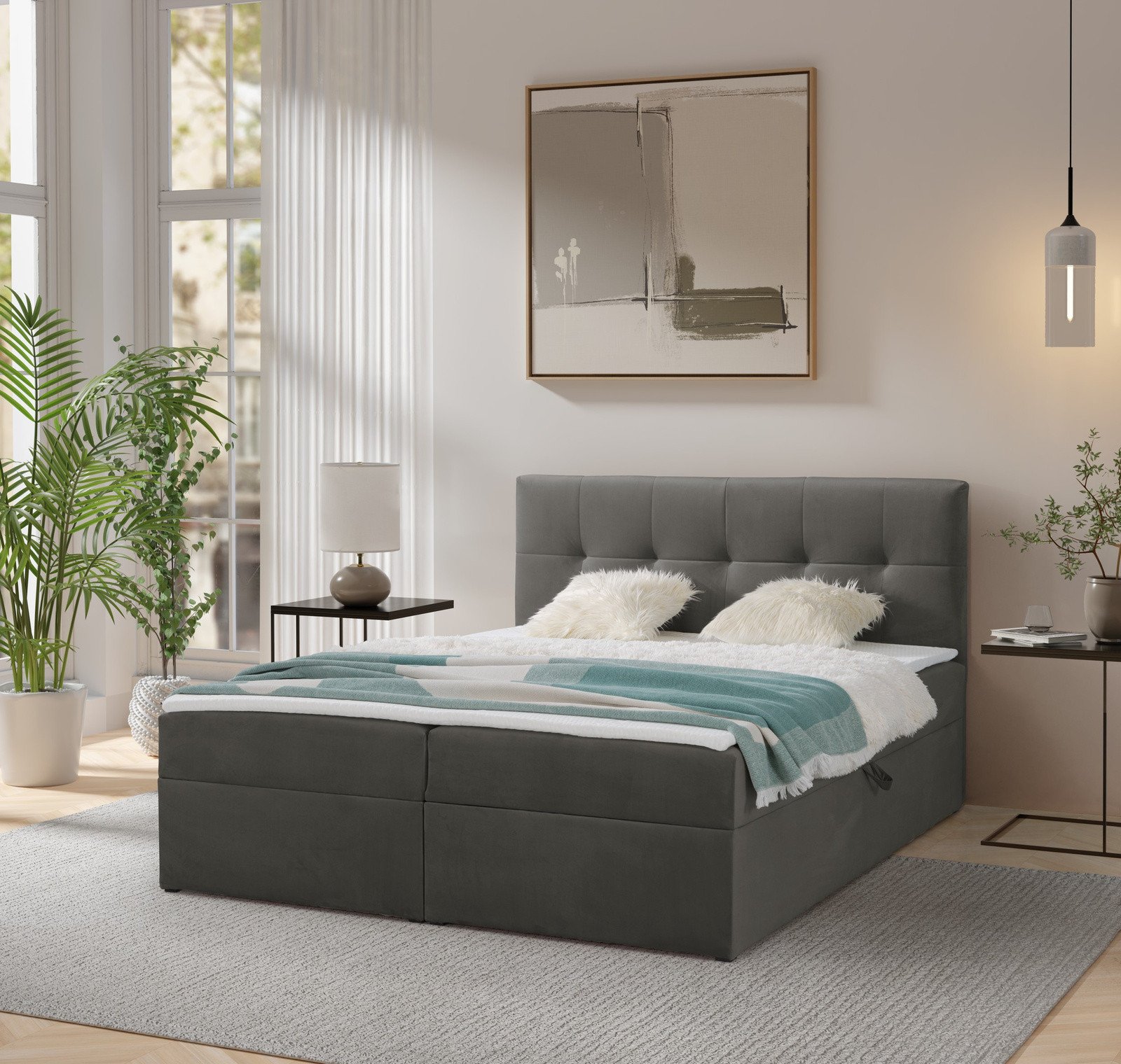 Łóżko kontynentalne Toronto 140200 (Amor Velvet 4338 - Ciemny szary) z materacem bonell i topperem