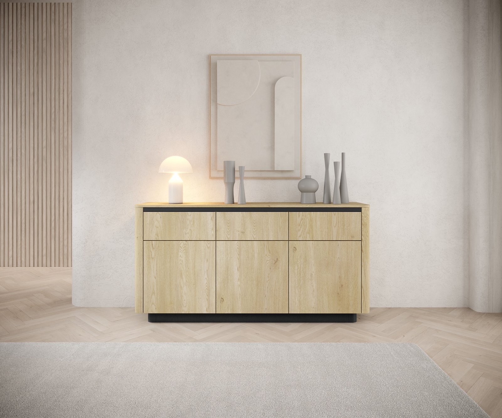 Ravio Komoda TORRO dąb kremowy 163 cm czarny 3 szuflady zaokrąglona push to open