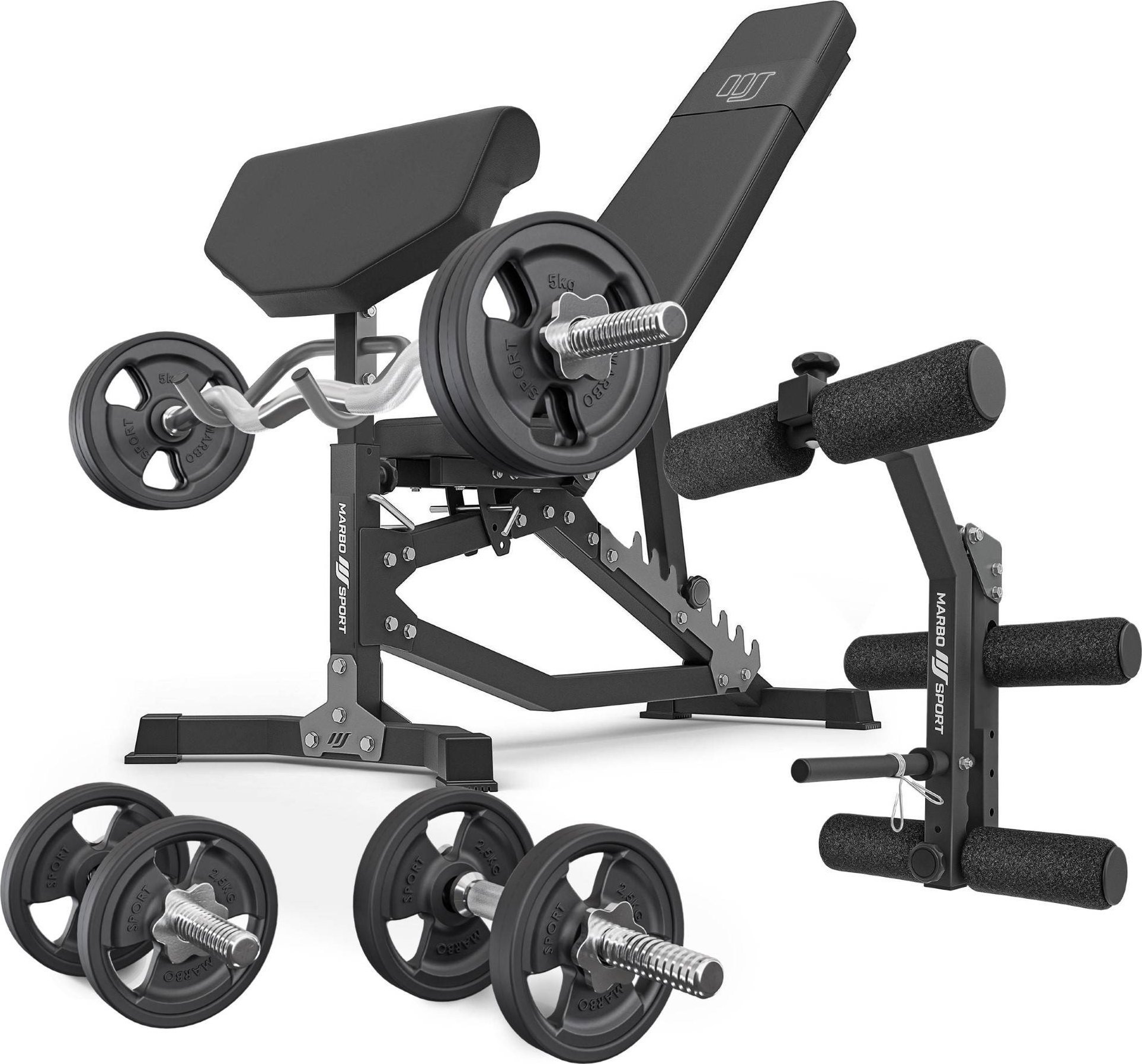 Zestaw MS39_2.0_42KG_G | Dwustronnie regulowana ławka treningowa + modlitewnik + prasa + zestaw gryfów i obciążeń gumowanych 42 kg - Marbo Sport