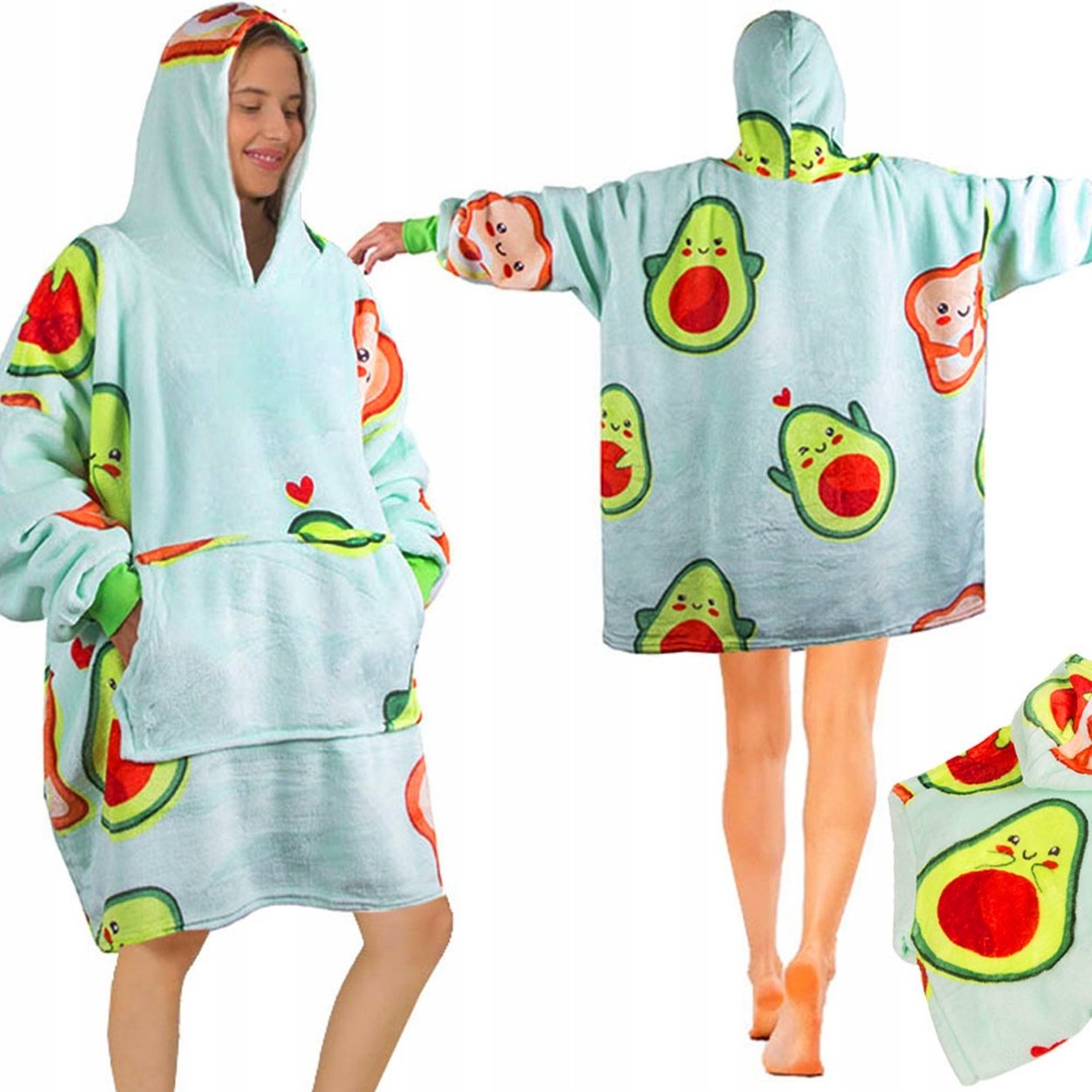 Bluza Koc OVERSIZE XXL 2W1 Gruba Futrzak miękka z kapturem AWOKADO