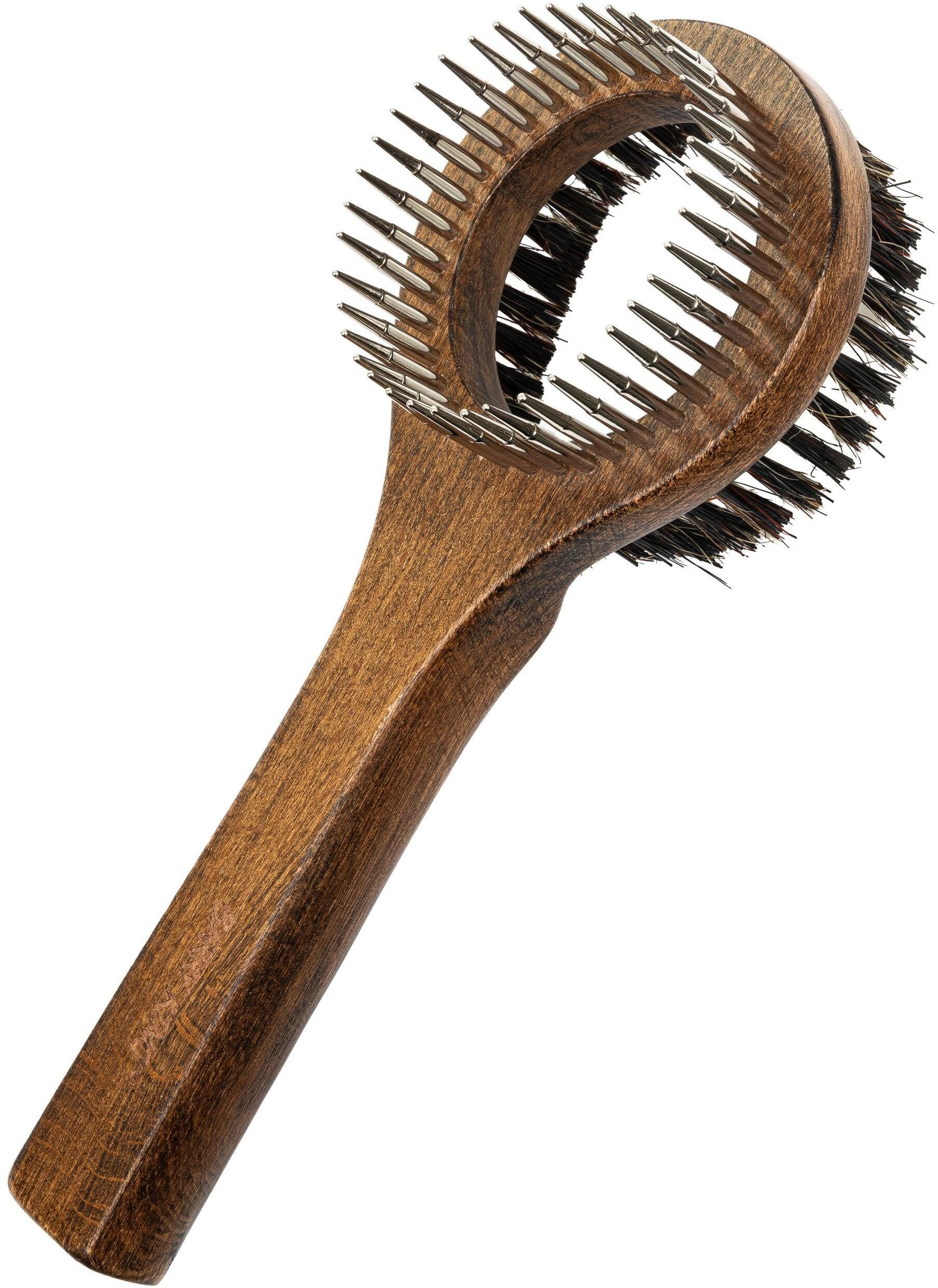 Barry King Ekskluzywne zgrzebło typu ring dwustronne ze szczotką, dla zwierząt, drewno bukowe, stal, włosie sztuczne, wymiary 8,1x20,6cm