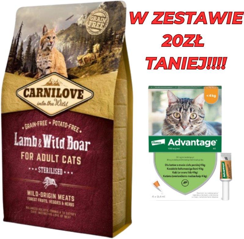 CARNILOVE Cat Lamb & Wild Boar Sterilised 6kg + Advantage - dla kotów (0,4mlx4) *roztwór* blister