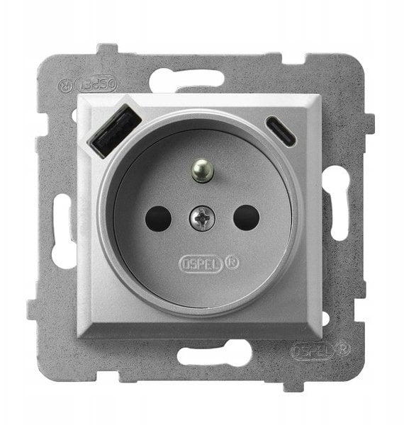 Ospel Gniazdo pojedyncze z uziemieniem z przesłonami torów prądowych, z ładowarką USB A+C srebro GP-1UZPUSBAC/m/18