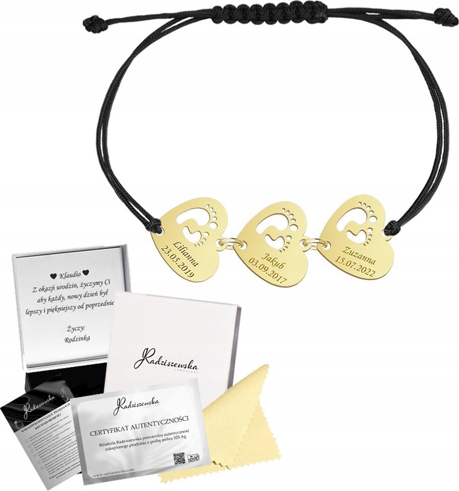 MEJK Jewellery Bransoletka Złota Imię Dziecka STÓPKI SERCE Prezent Dzień Mamy 925 GRAWER
