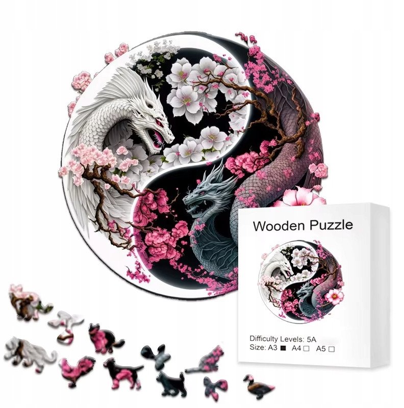 Drewniane puzzle / Wooden Puzzle / smok Yin Yang / Duży Format A3 / 180 el