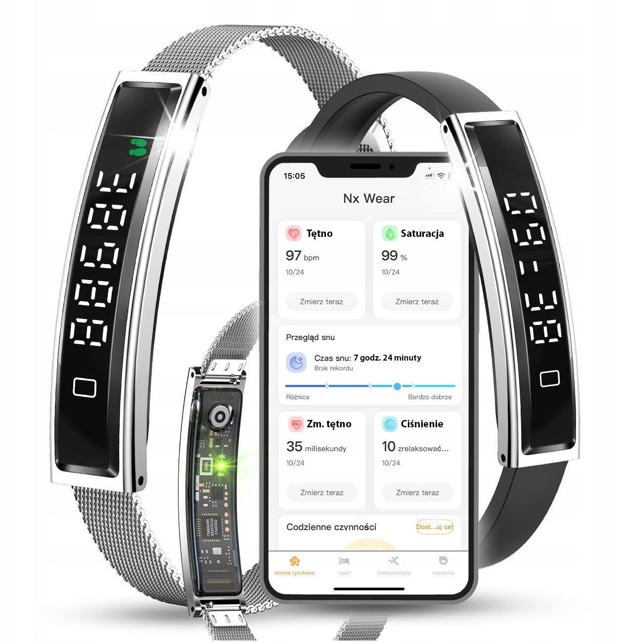 Inteligentna Opaska Smartband Bluetooth 5.3 Pulsometr Wodoodporna Kroki Sen