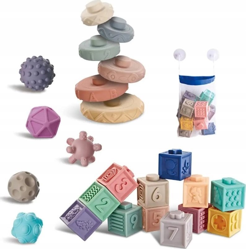 Edukacyjny zestaw klocków dla malucha, Miękkie Klocki, Cyferki, Figury geometryczne, Kształty, Wieża 23 sztuki
