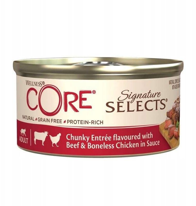 Brit Core Signature Selects Chunky Entree karma mokra dla dorosłych kotów mięsne kawałki z wołowiną i kurczakiem 79g puszka