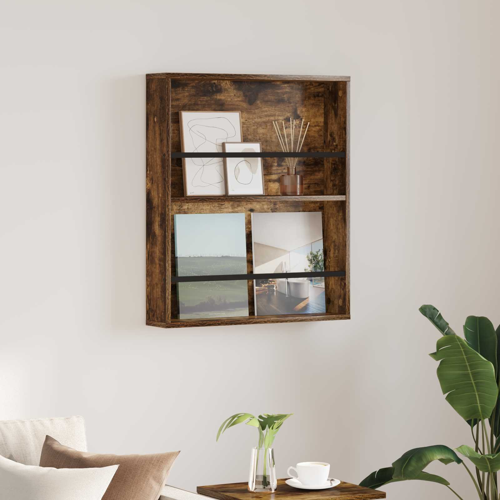 vidaXL Regał na gazety z półką Dąb wędzony 60 x 12 x 70 cm