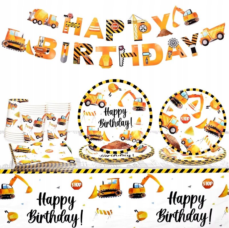 Zestaw Naczyń Jednorazowych Happy Birthday Urodziny Koparki Dźwig 52 el