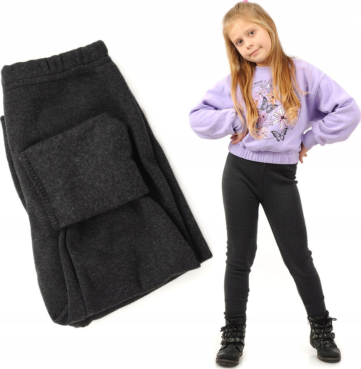 Ocieplane Legginsy dziecięce Polskie bawełniane getry Grafitowe 146