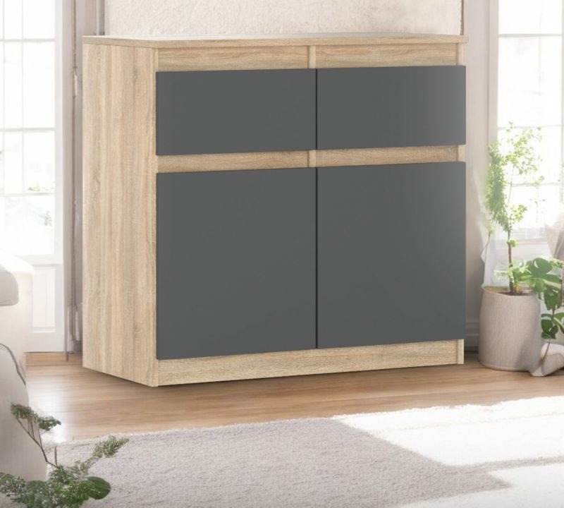 Komoda Szara Z Drewnem 80cm Do Salonu Sypialni Pojemna Szafka Dąb Sonoma