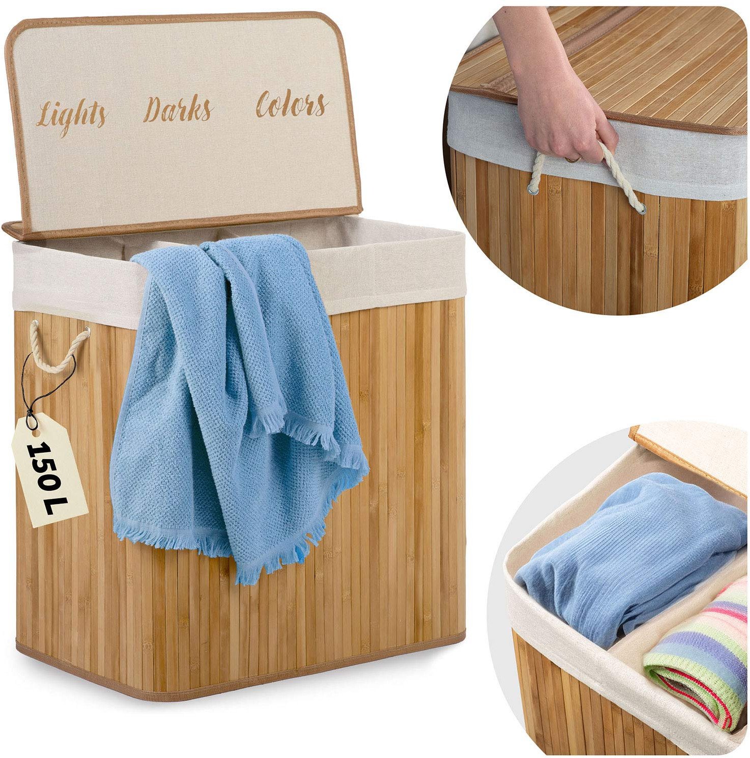 Bambusowy kosz na pranie bieliznę z pokrywą 150 l Massido