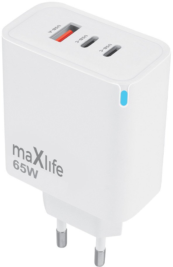 Maxlife ładowarka sieciowa GaN PD QC MXTC-09-65ACC 2x USB-C 1x USB 65W biała
