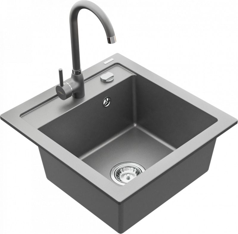 Zlewozmywak Mexen Vito granitowy 1-komorowy z baterią kuchenną Telma, szary - 6503-71-670200-71