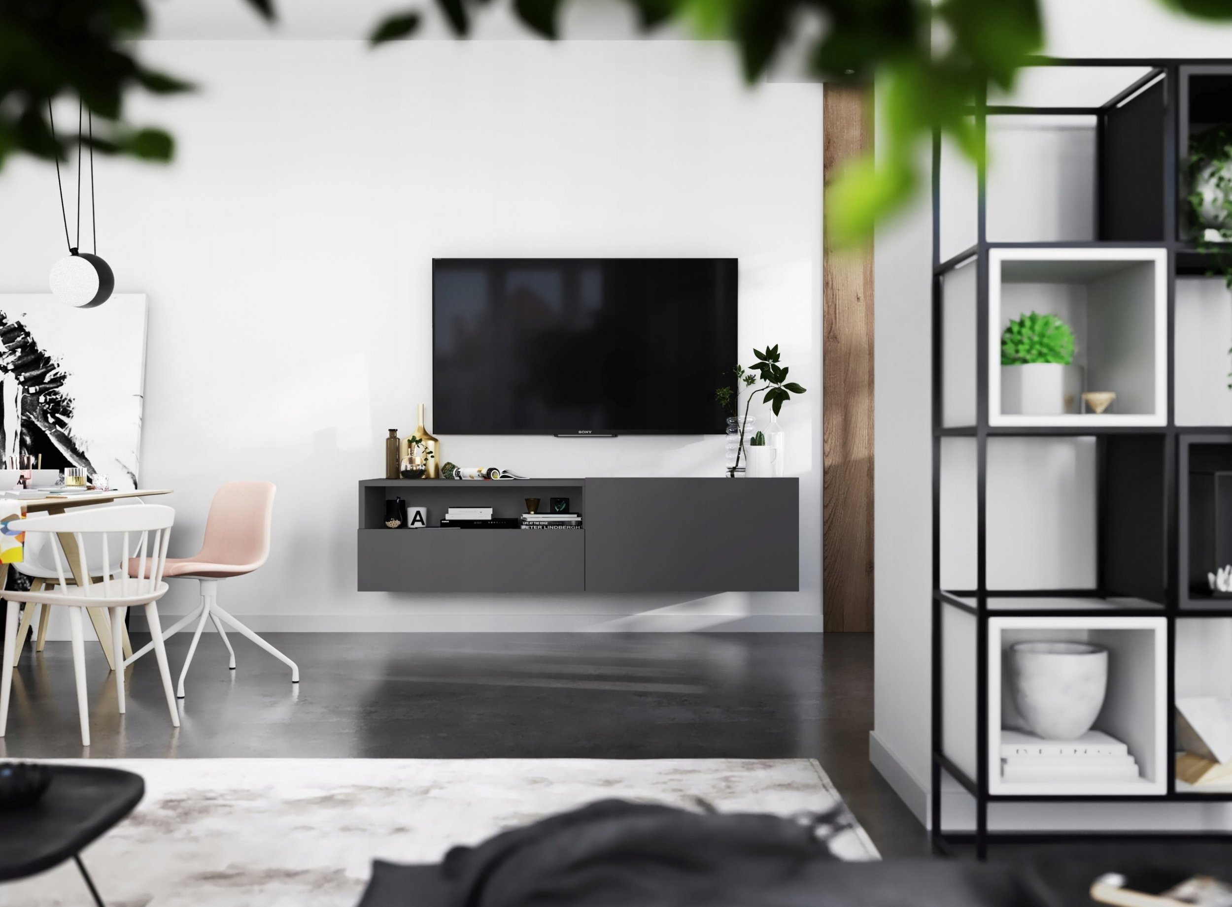 Meble Lindner Wisząca szafka RTV komoda szuflada grafit MAT 120