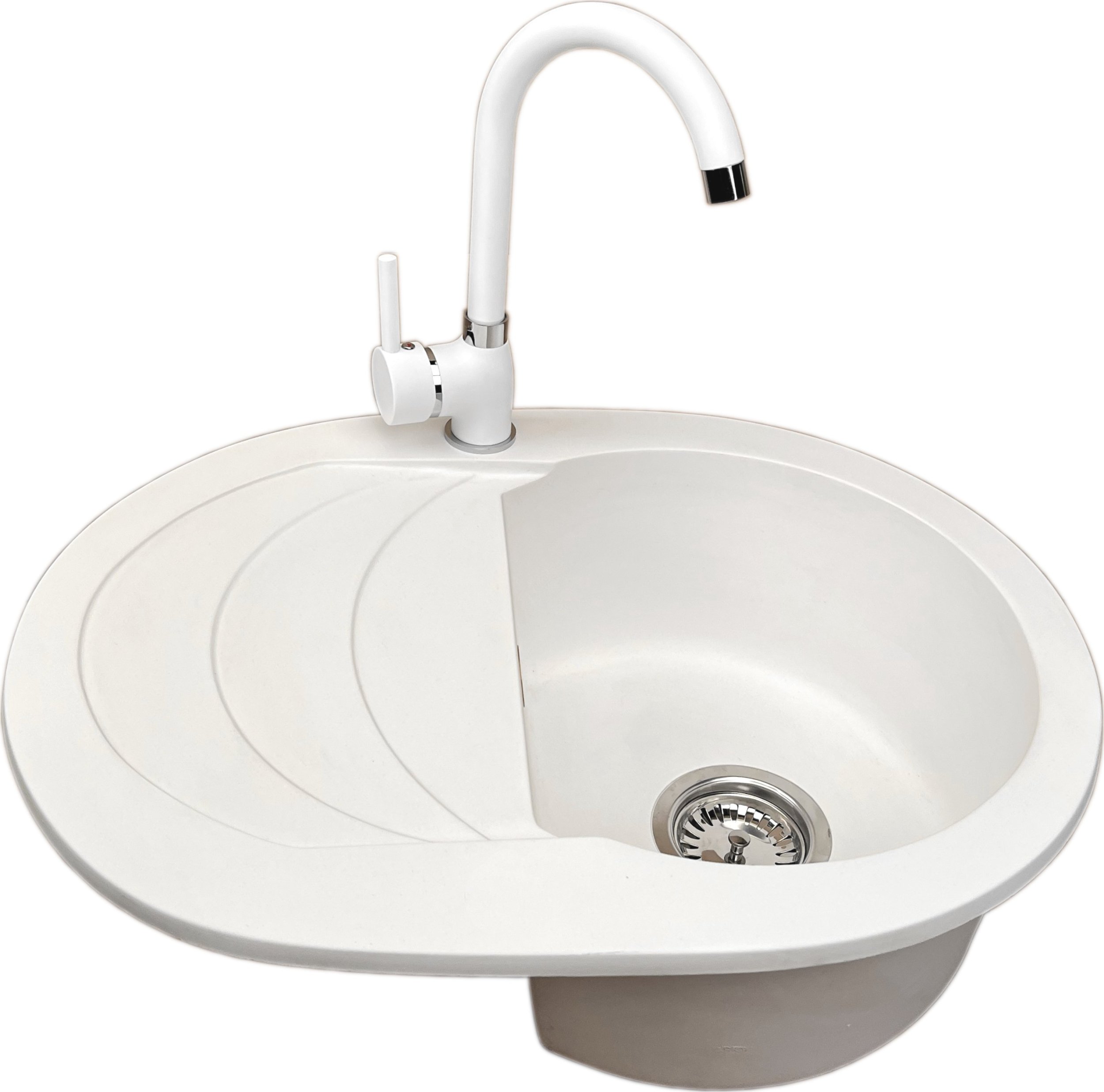 Zlewozmywak PREHNIT Zlewozmywak jednokomorowy z ociekaczem VIGOR biały z lewym ociekaczem + bateria NOON