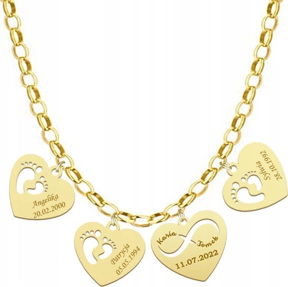 Radziszewska Jewellery Naszyjnik Złoty z Imieniem Dziecka Stópki Serce Dzień Matki 925 GRAWER