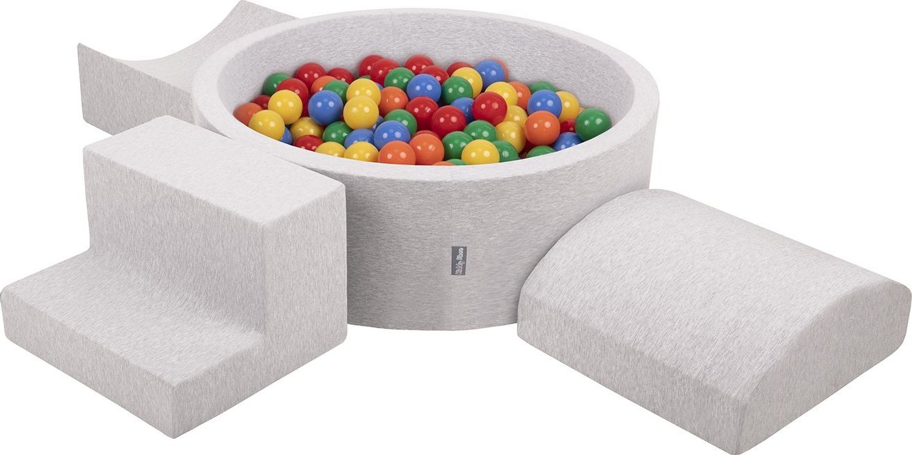 KiddyMoon KiddyMoon Piankowy plac zabaw PPZP-OK30D-134 z piłeczkami jasnoszary: żółty-zielony-niebieski-czerwony-pomarańcz basen 300/rampa L/półwałek