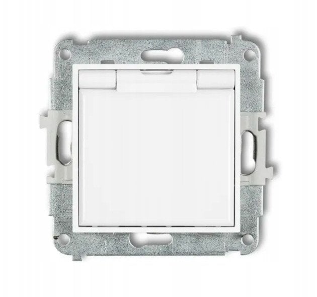 Gniazdo bryzgoszczelne Karlik Icon IGPB-1zp z uziemieniem 2P+Z klapka biała, przesłony torów prądowych białe