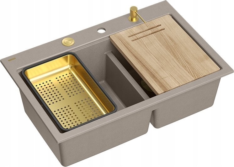 Zlewozmywak GraniteQ MARC 120 WORKSTATION GraniteQ zlewozmywak 2-komorowy 760*500*235 mm soft taupe + syfon push to open + dozownik + deska + wkładka