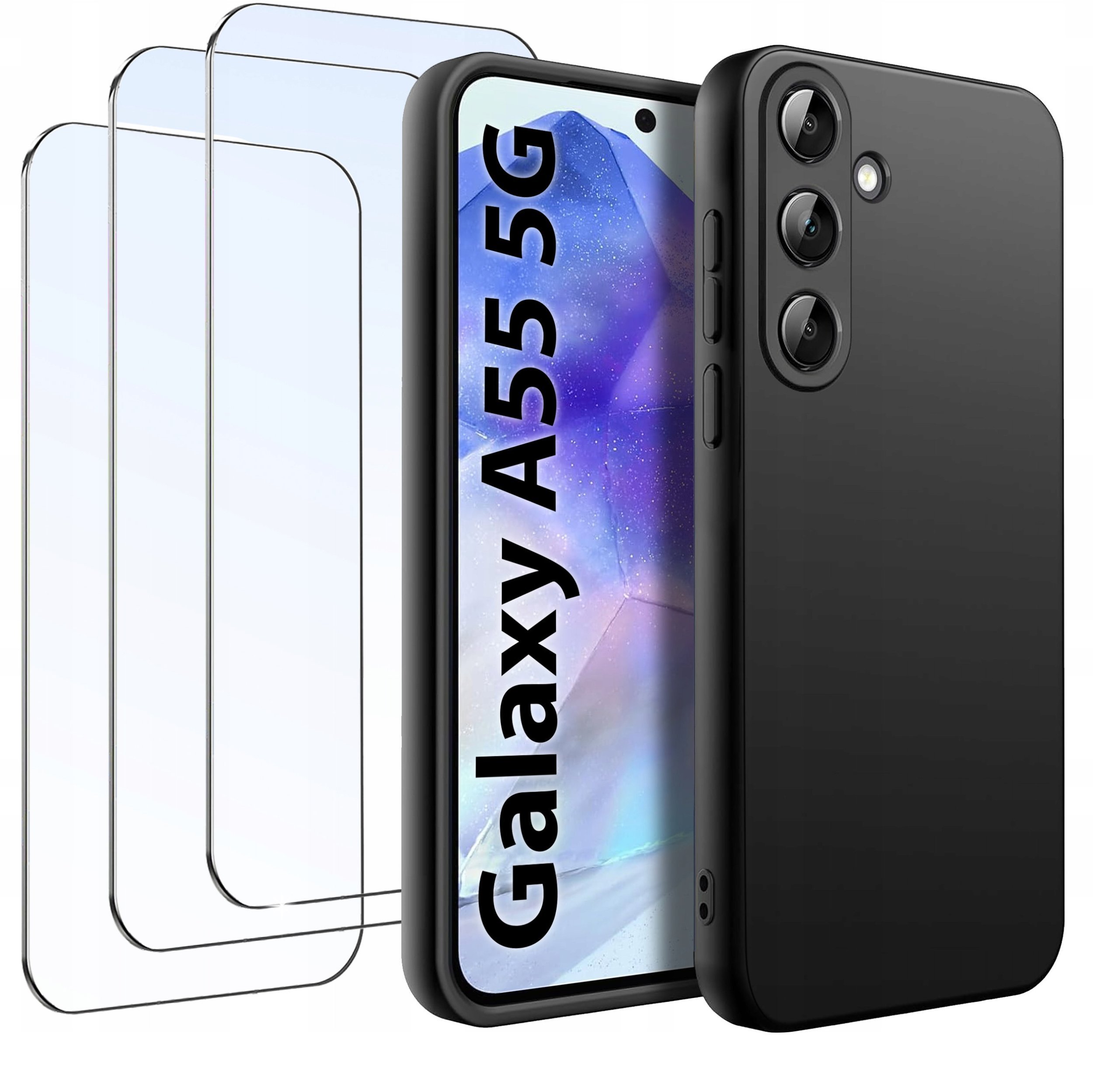 ZESTAW Etui do Samsung A55 5G Matowe Czarne Silikon Slim + 3 SZTUKI SZKŁO