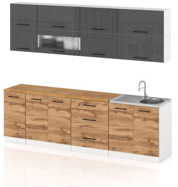 Meble Kuchenne Komplet Kuchnia Robo Lux 2.6m Zestaw Szary Połysk Dąb Wotan