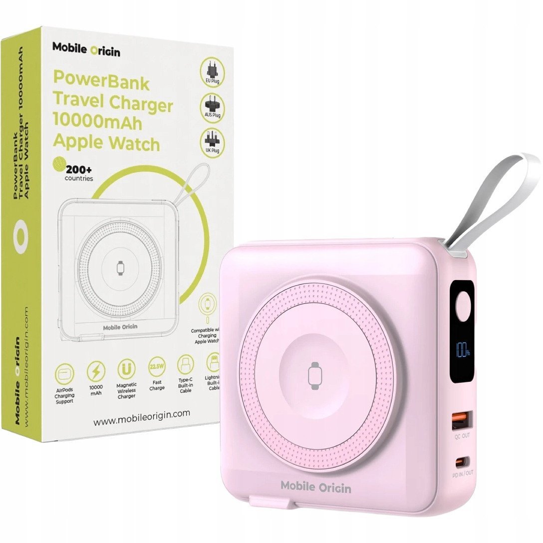 Mobile Origin Powerbank & Travel Charger, Lightning/USB-C Cable, MagSafe/AW/iPhone Compatible, pink
