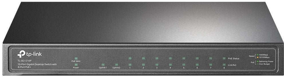 TP-LINK 10 prievadų Gigabit PoE+ jungiklis 8 Gigabit PoE+ prievadai, 1 Gigabit RJ45 prievadai ir 1 Gigabit SFP lizdai 802.3at/af 63W PoE galia