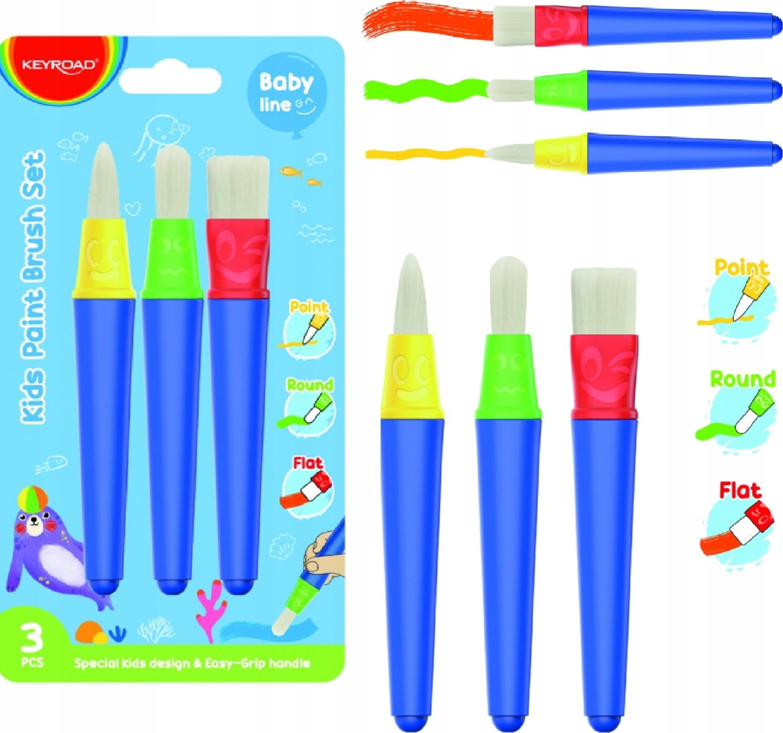 Keyroad Pędzle dla dzieci KEYROAD, 3 szt. płaski, punktowy, okrągły, blister