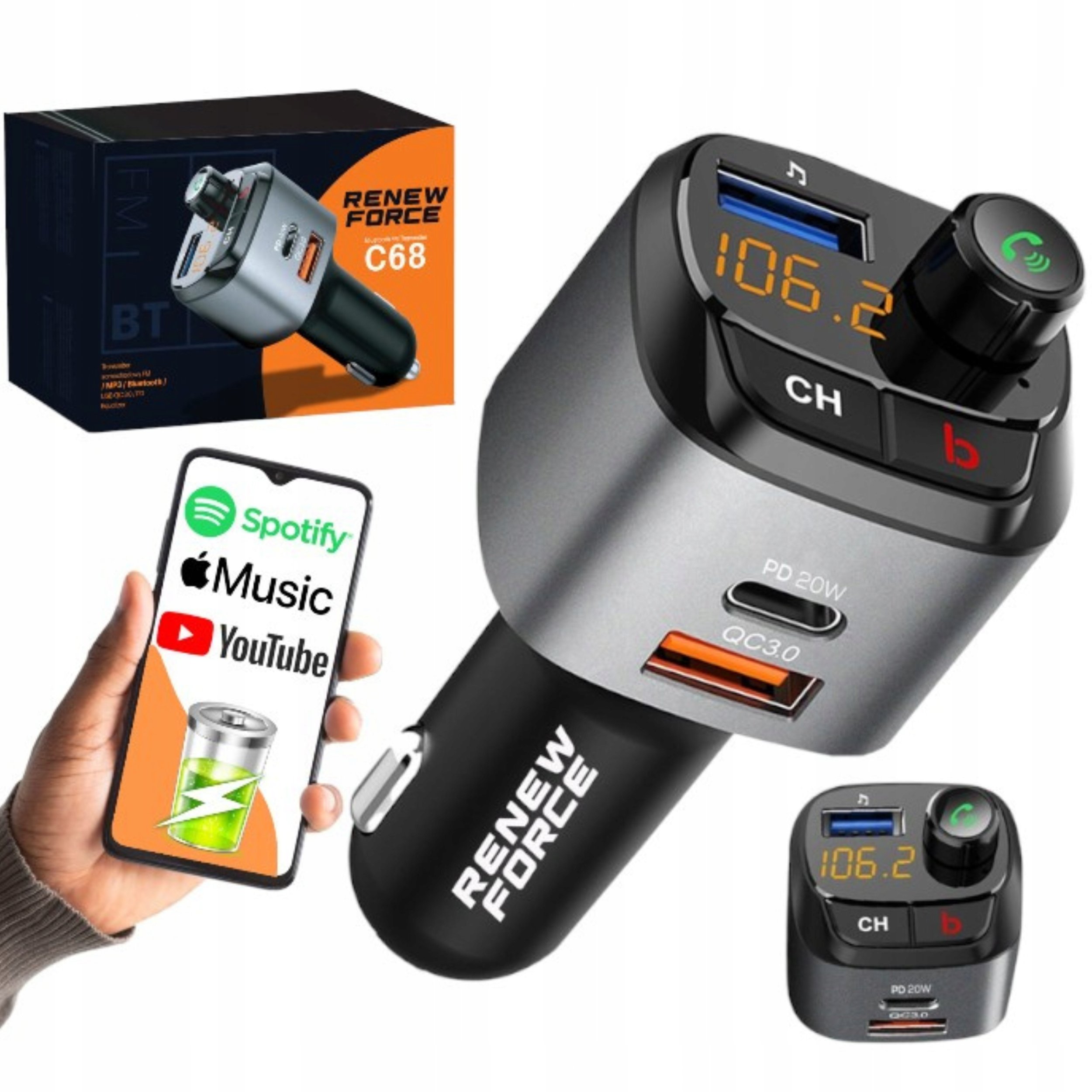 Najmocniejszy Transmiter Bluetooth Fm Samochodowy Ładowarka 36W Qc3.0 Usb-C