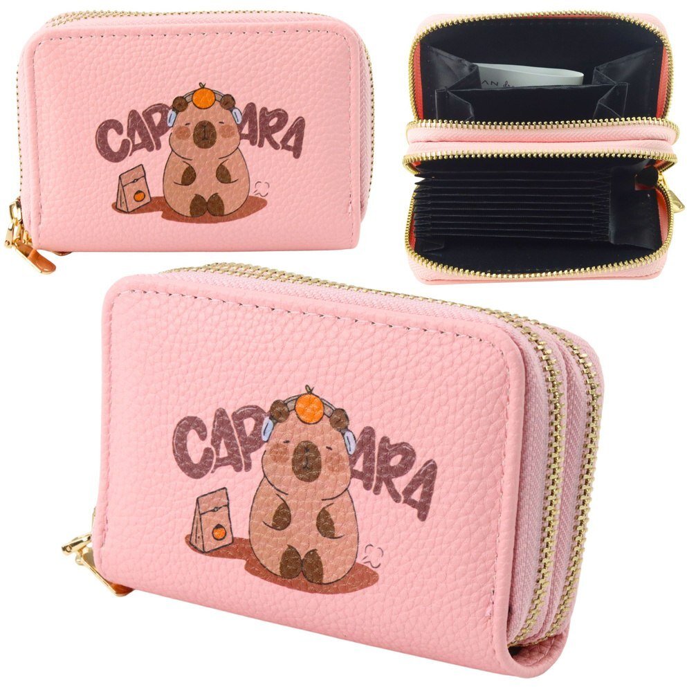 Portfel Dwukomorowy Przegrody na Karty Kapibara Różowy 12,5 x 8,5cm