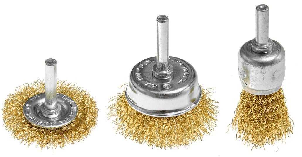Szczotki druciane drut karbowany, mosiądzowany, 25, 37, 50 mm, 3 szt., trzpień 6 mm