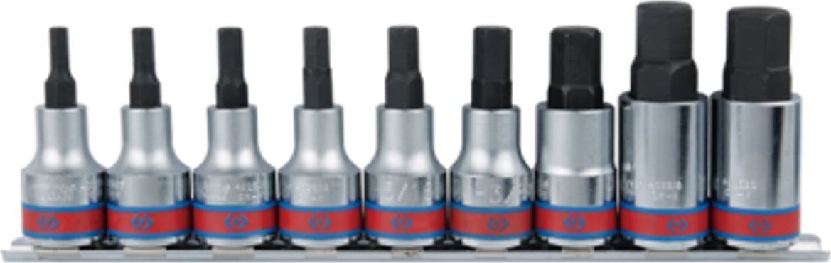 King Tony ZESTAW NASADEK Z KOŃCÓWKĄ HEX 1/2" 9 cz. KRÓTKIE 3/16" - 5/8" ZESTAW NA SZYNIE King Tony