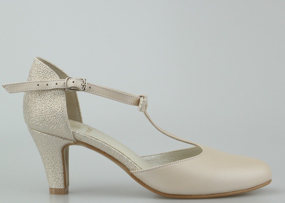 Butdam Czółenka eleganckie skórzane beżowe złote Butdam-39