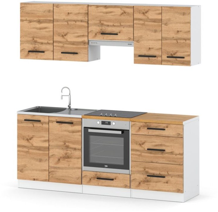 Kuchnia Nowoczesna Modułowa Z Blatem Drewniana 2.0m Mała Biała Dąb Wotan