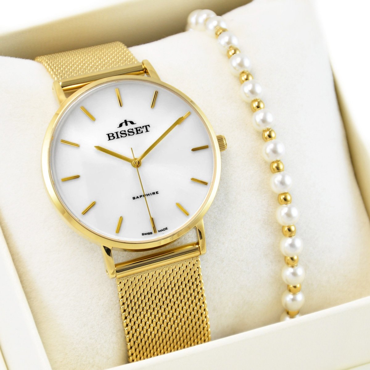 Zegarek Bisset Zestaw damski zegarek Szwajcarski ARITTE biały + bransoletka