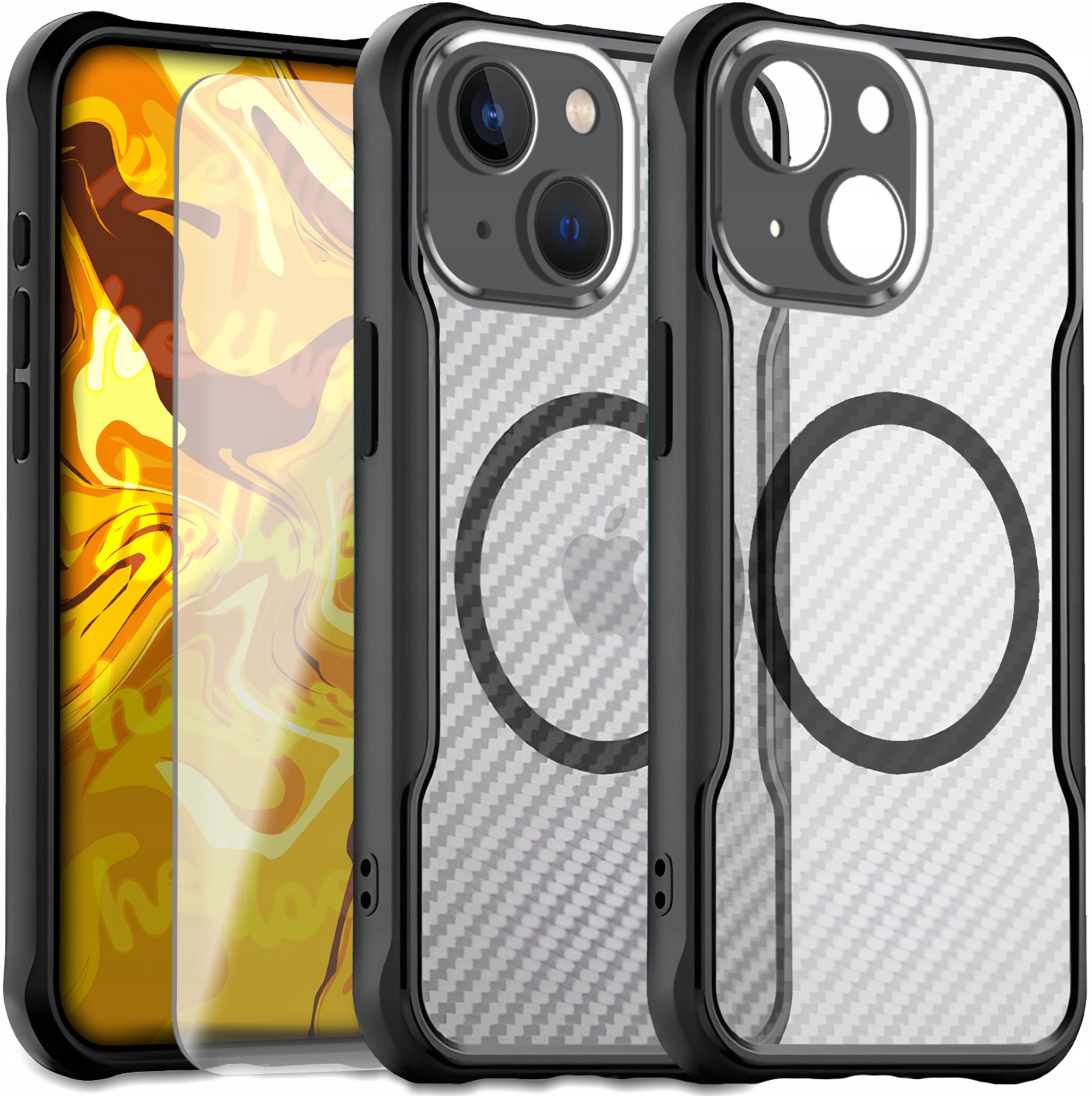 Etui Pancerne do Apple iPhone 15 (Do Magsafe, Karbon, Czarne) Szkło 9H