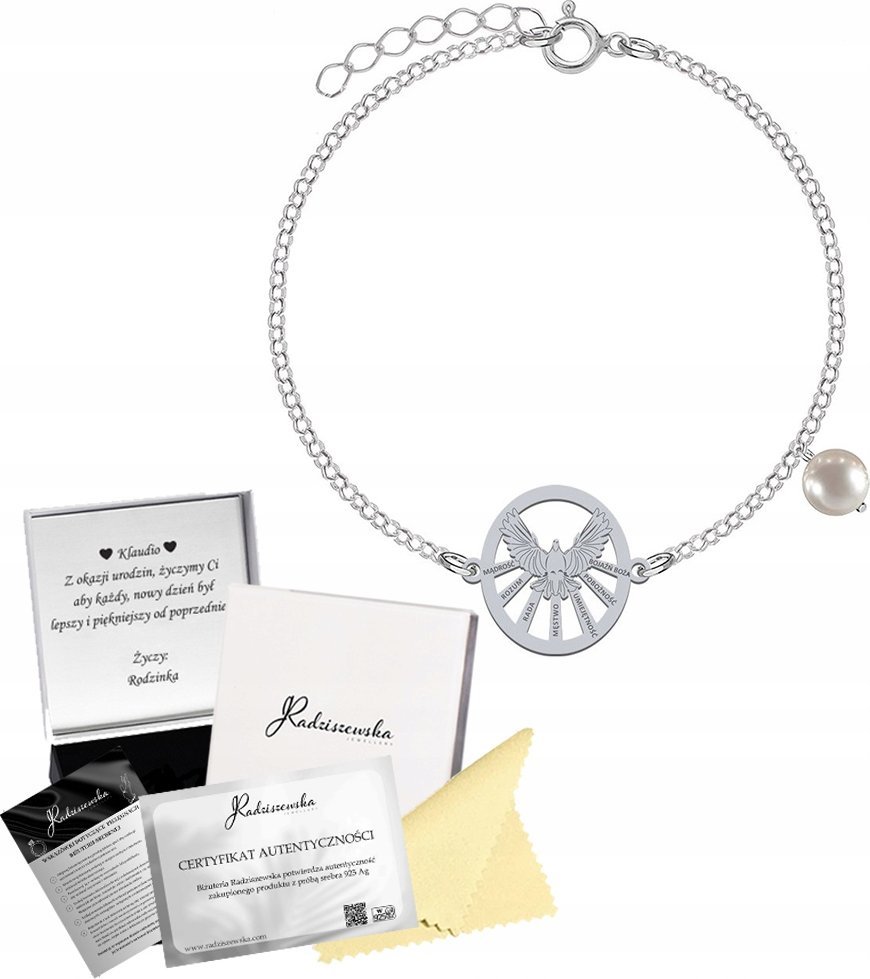 Radziszewska Jewellery Bransoletka Srebrna Duch Święty Perła Bierzmowanie Prezent 925 GRAWER