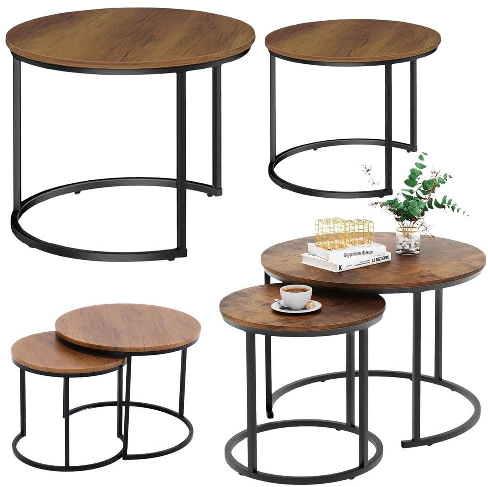 Zestaw Okrągłe Stoliki Kawowe 2w1 Vintage Naturalne Drewno 70x50cm 45x44cm